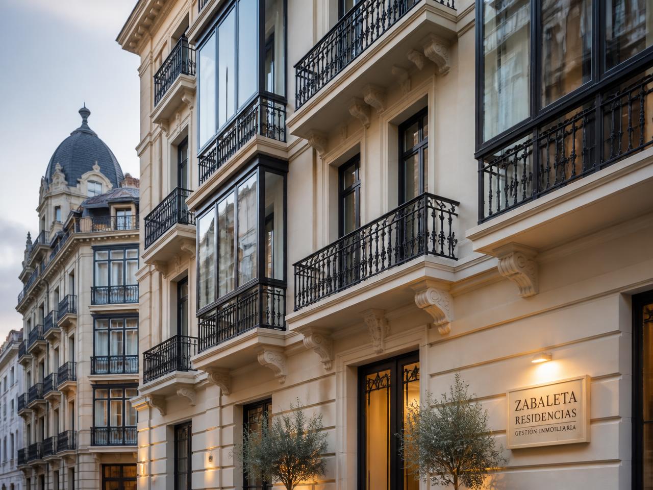 Fachada de un edificio residencial señorial en Zaragoza al atardecer