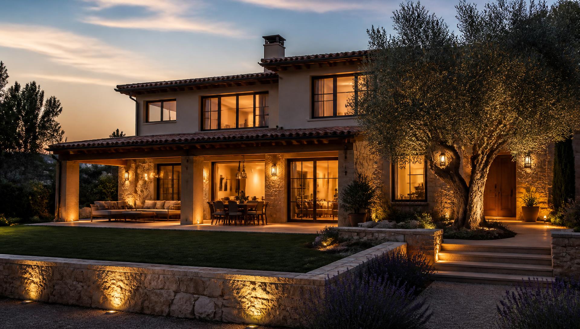 Vivienda moderna iluminada al atardecer en el entorno de Zaragoza