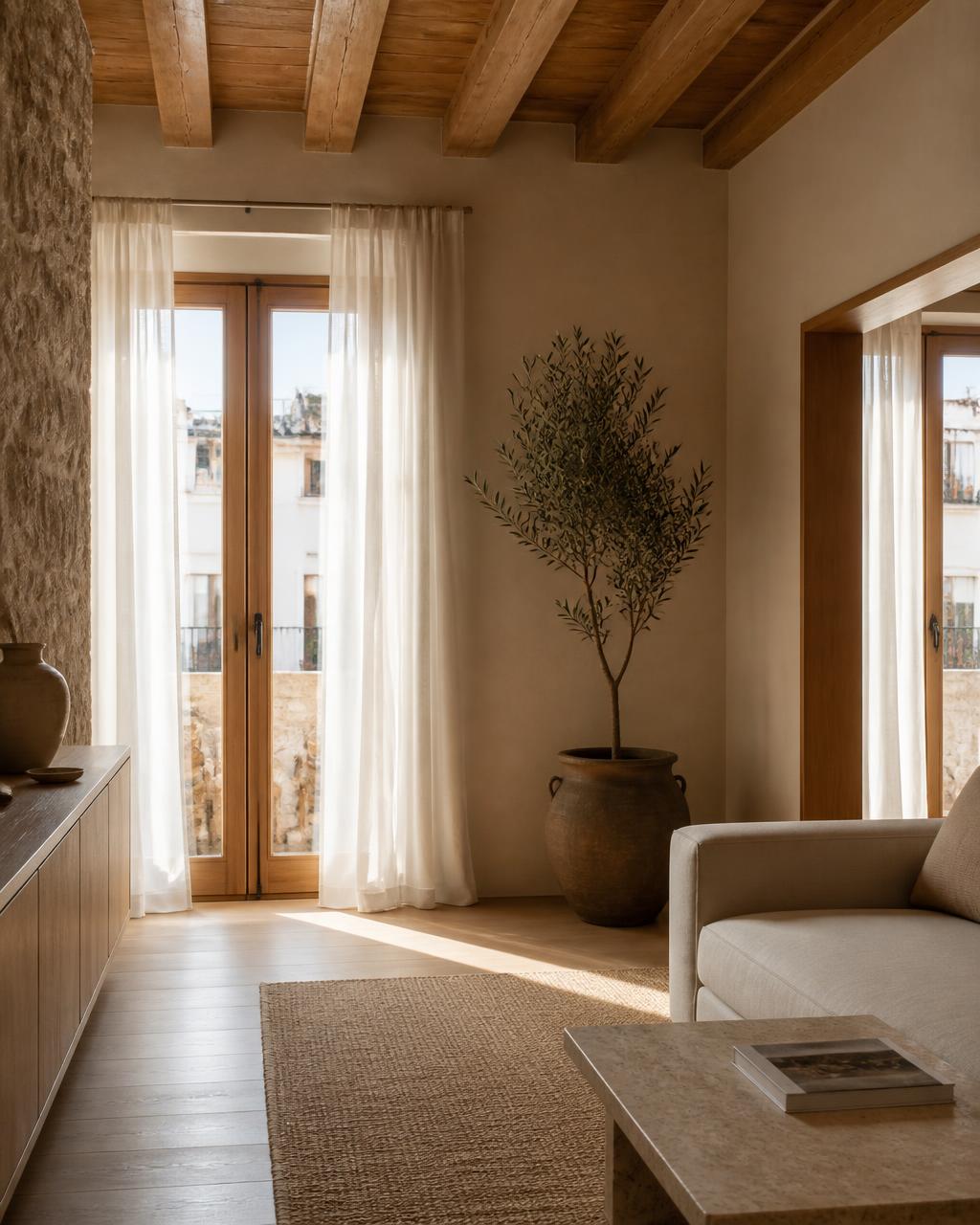 Salón de una vivienda en Zaragoza con materiales naturales y luz suave
