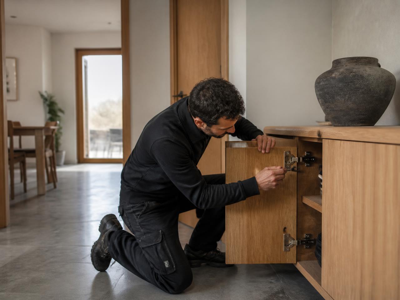 Profesional ajustando la bisagra de un mueble en una vivienda moderna