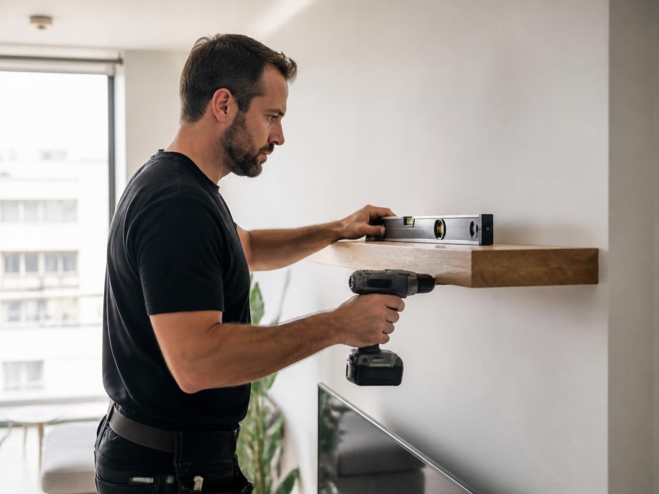 Profesional instalando una estantería de madera con nivel y taladro